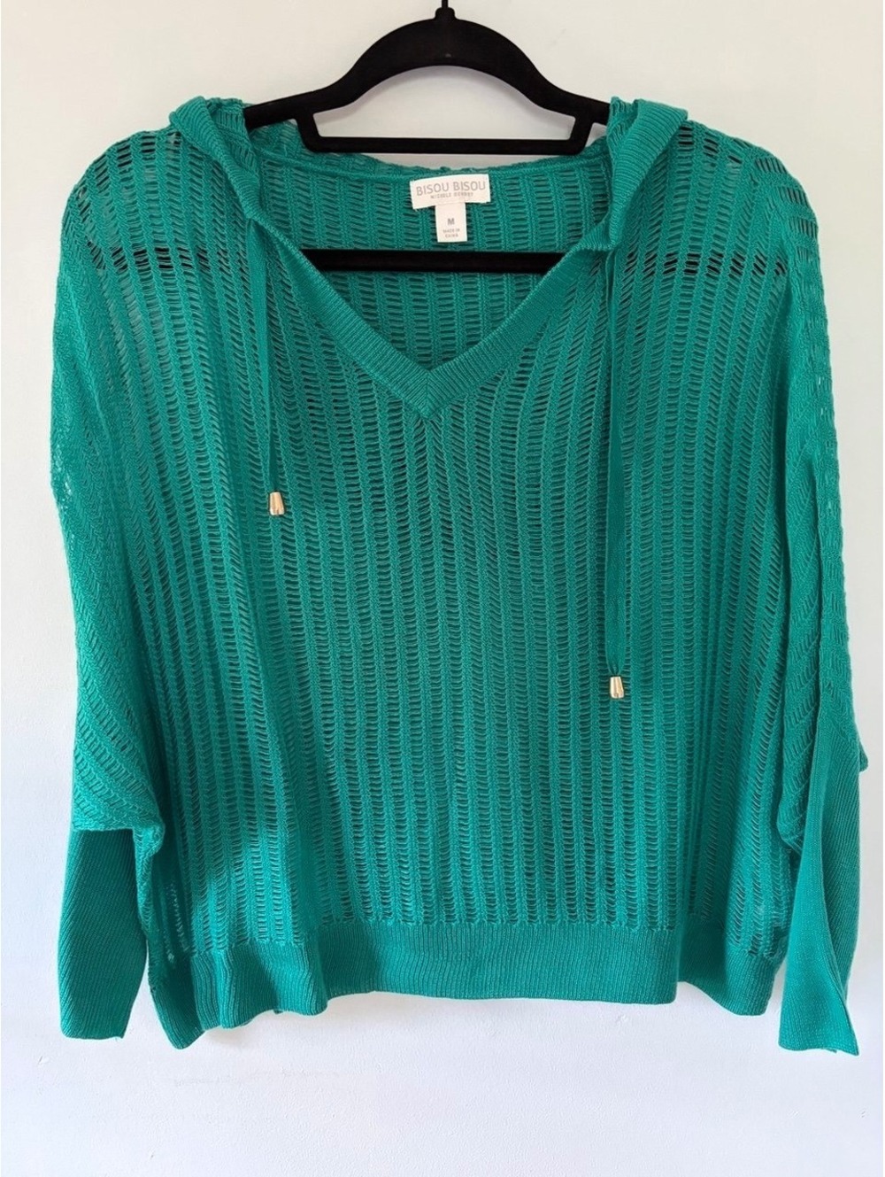 Bisou Bisou Medium Teal Open Knit Hooded Sweater